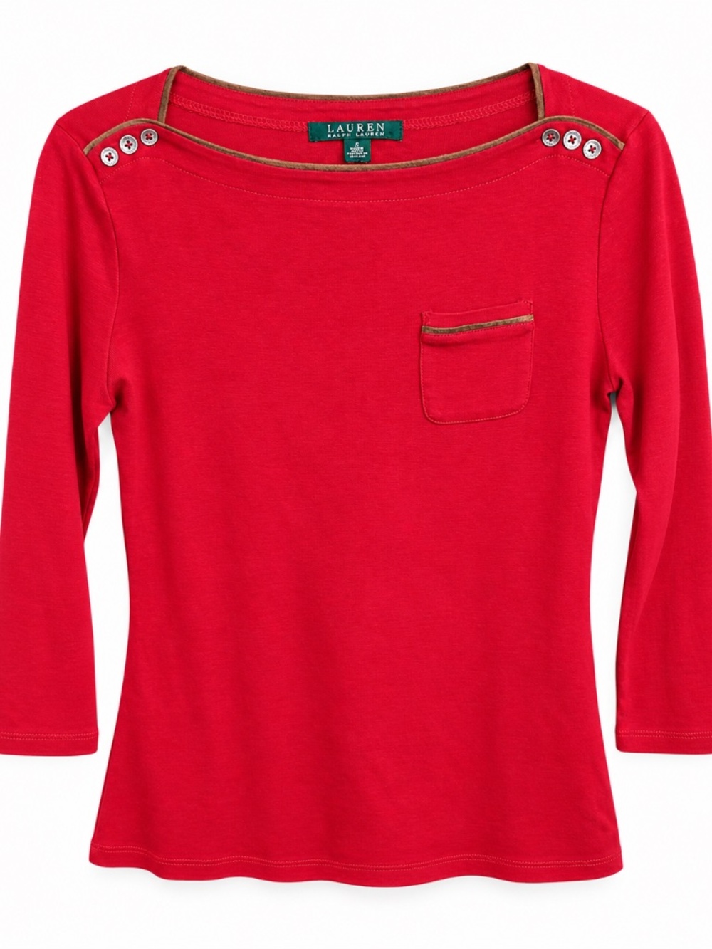Lauren Ralph Lauren - Red Cotton Boat Neck Top with Brown Trim - Small